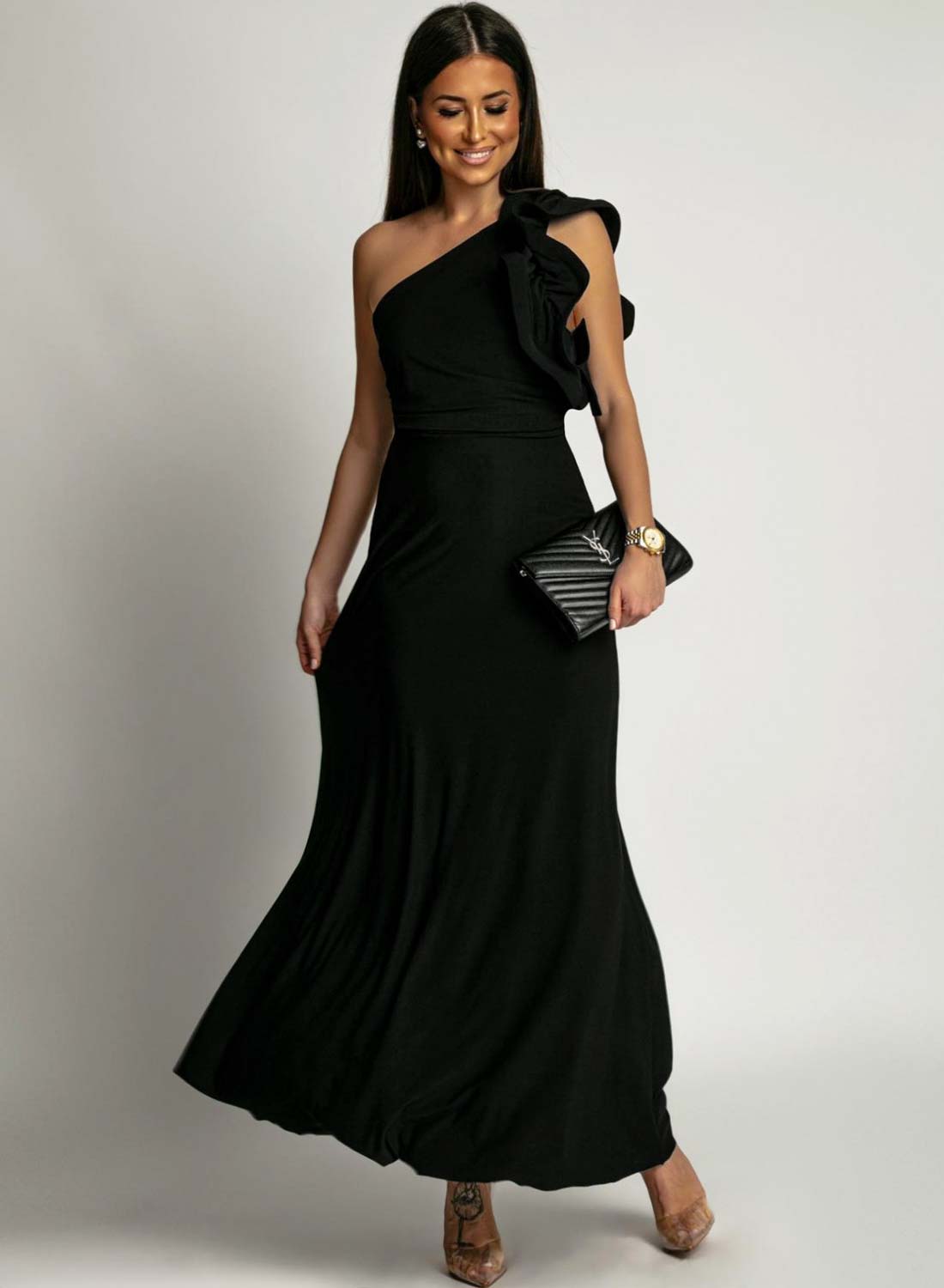 Long black one-shoulder dress