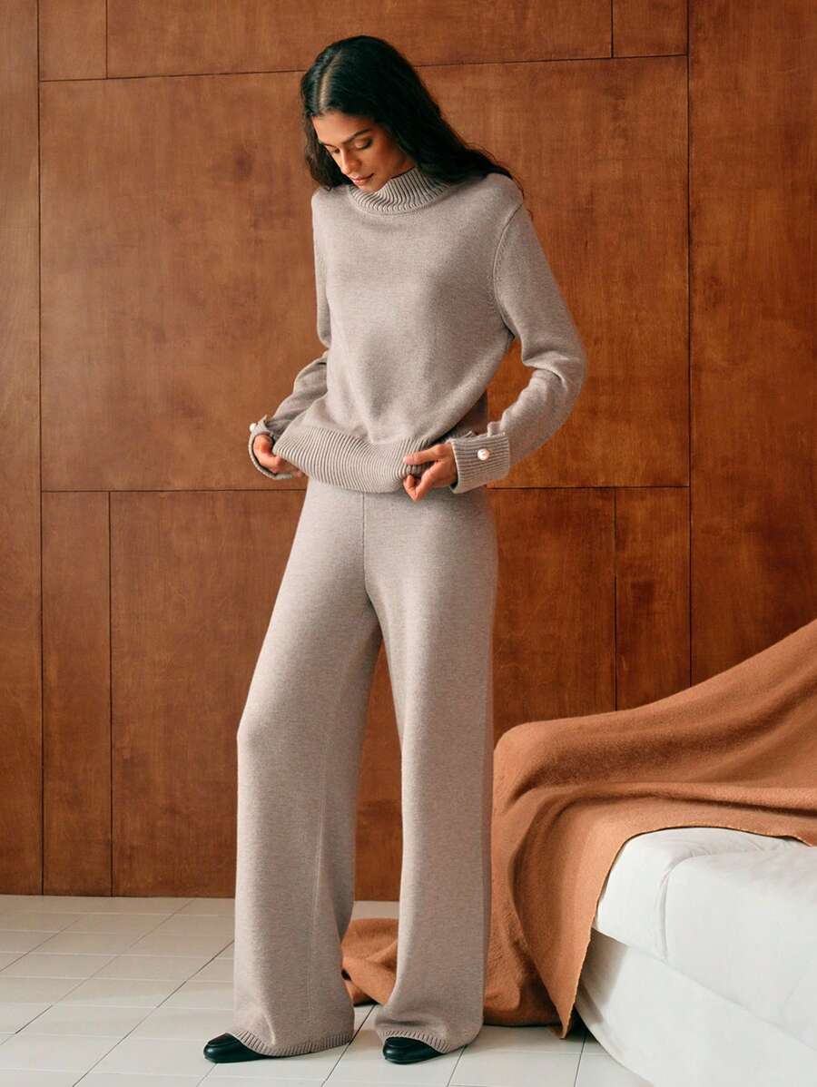Conjunto de dos piezas de punto premium: jersey de cuello alto y pantalón ancho 