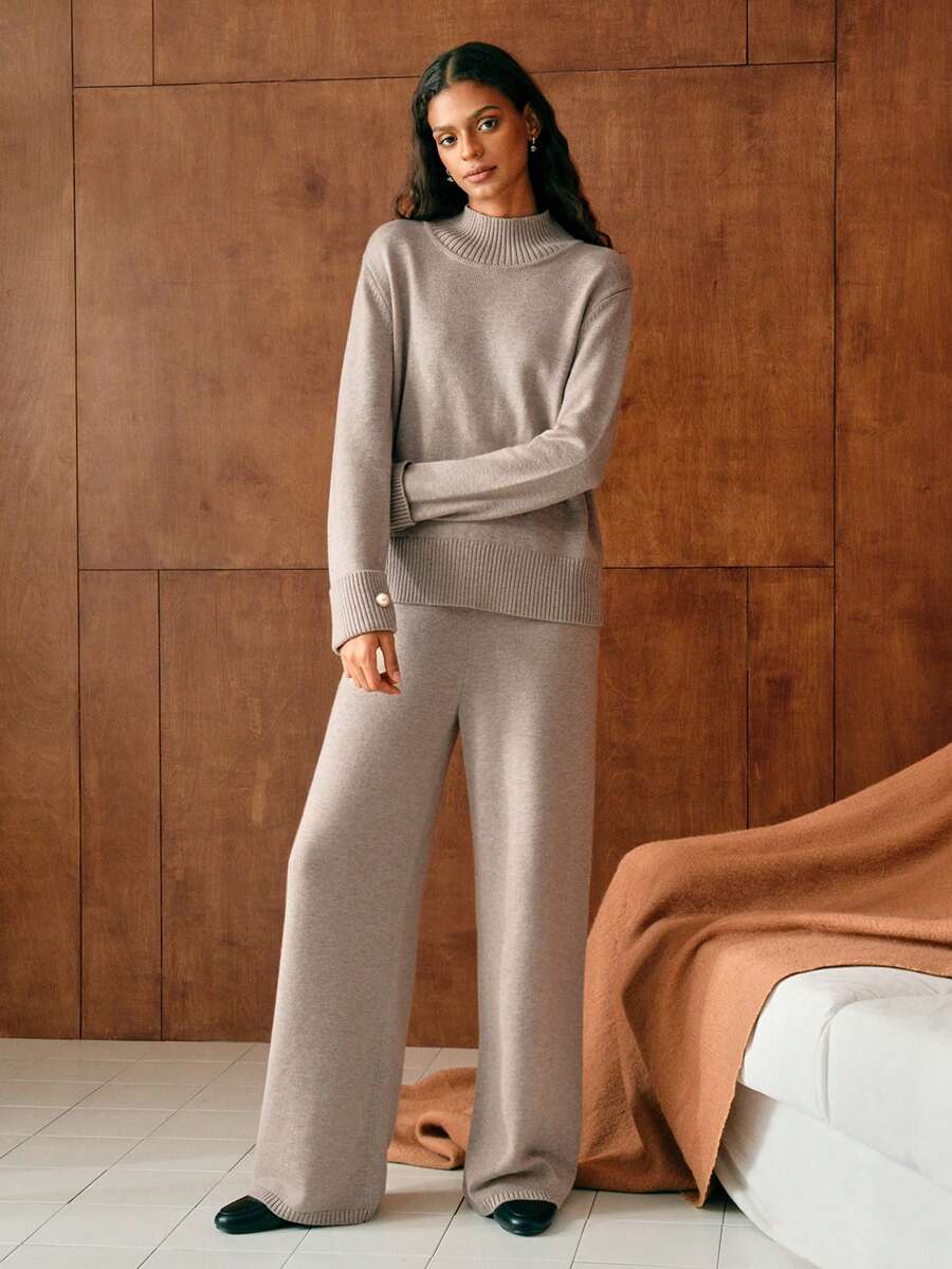 Conjunto de dos piezas de punto premium: jersey de cuello alto y pantalón ancho 