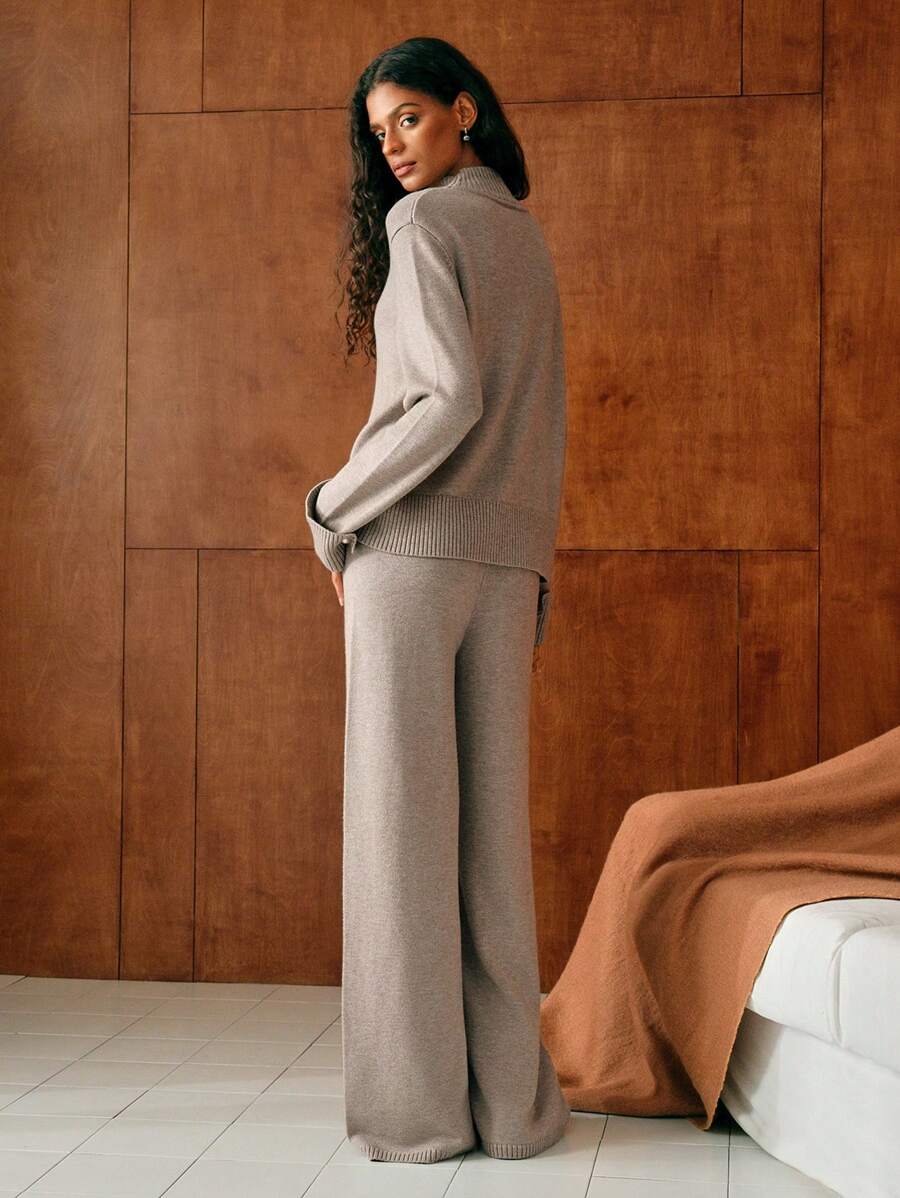 Conjunto de dos piezas de punto premium: jersey de cuello alto y pantalón ancho 