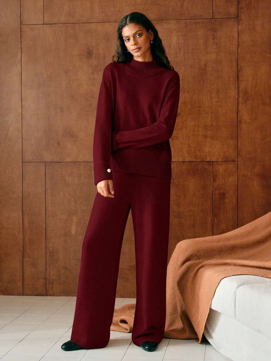 Conjunto de dos piezas de punto premium: jersey de cuello alto y pantalón ancho 