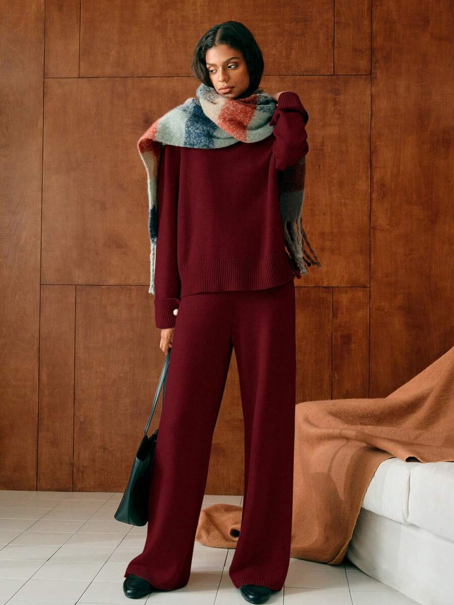 Conjunto de dos piezas de punto premium: jersey de cuello alto y pantalón ancho 