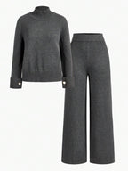 Conjunto de dos piezas de punto premium: jersey de cuello alto y pantalón ancho 