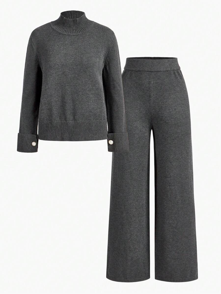 Conjunto de dos piezas de punto premium: jersey de cuello alto y pantalón ancho 