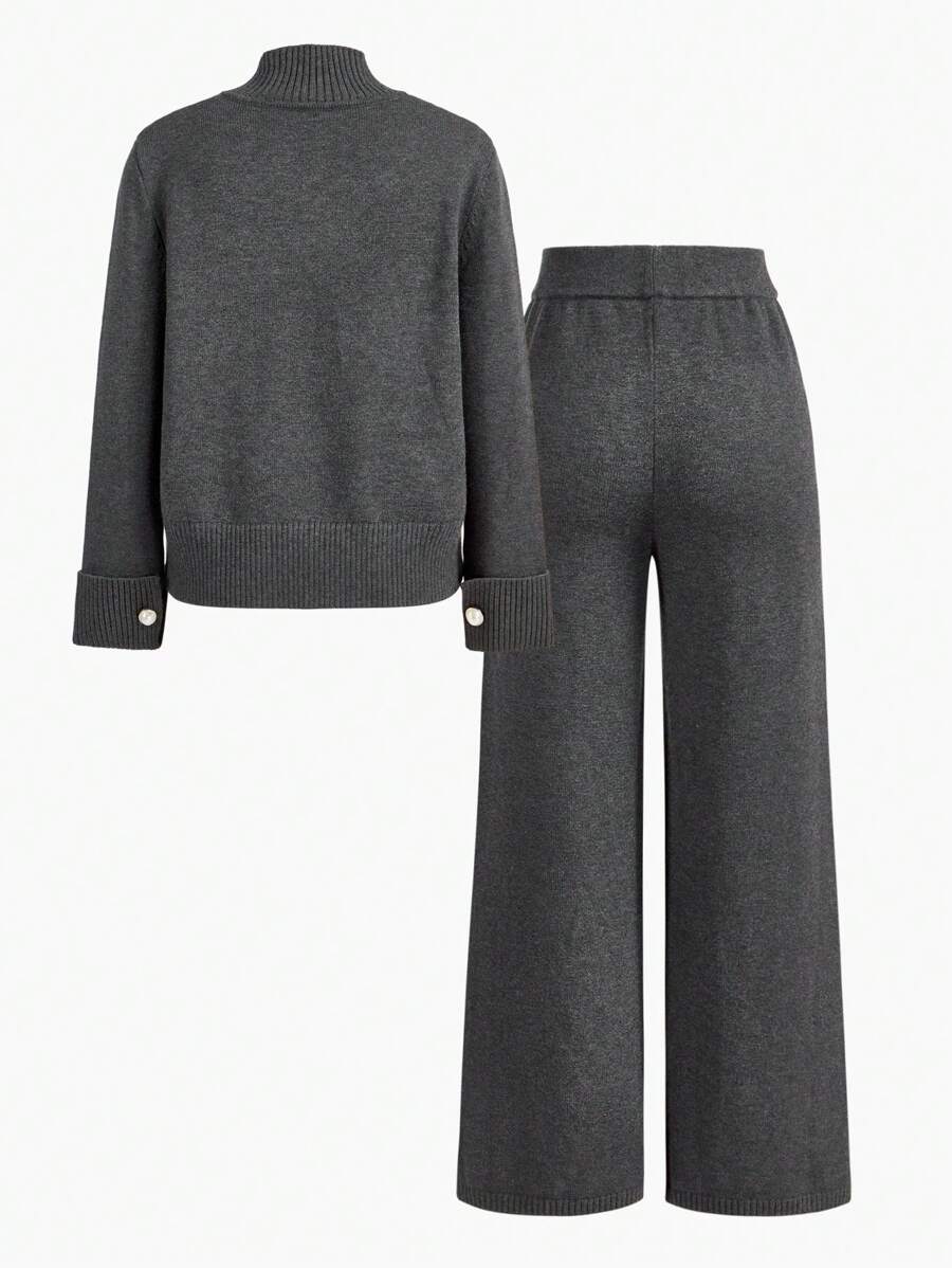 Conjunto de dos piezas de punto premium: jersey de cuello alto y pantalón ancho 