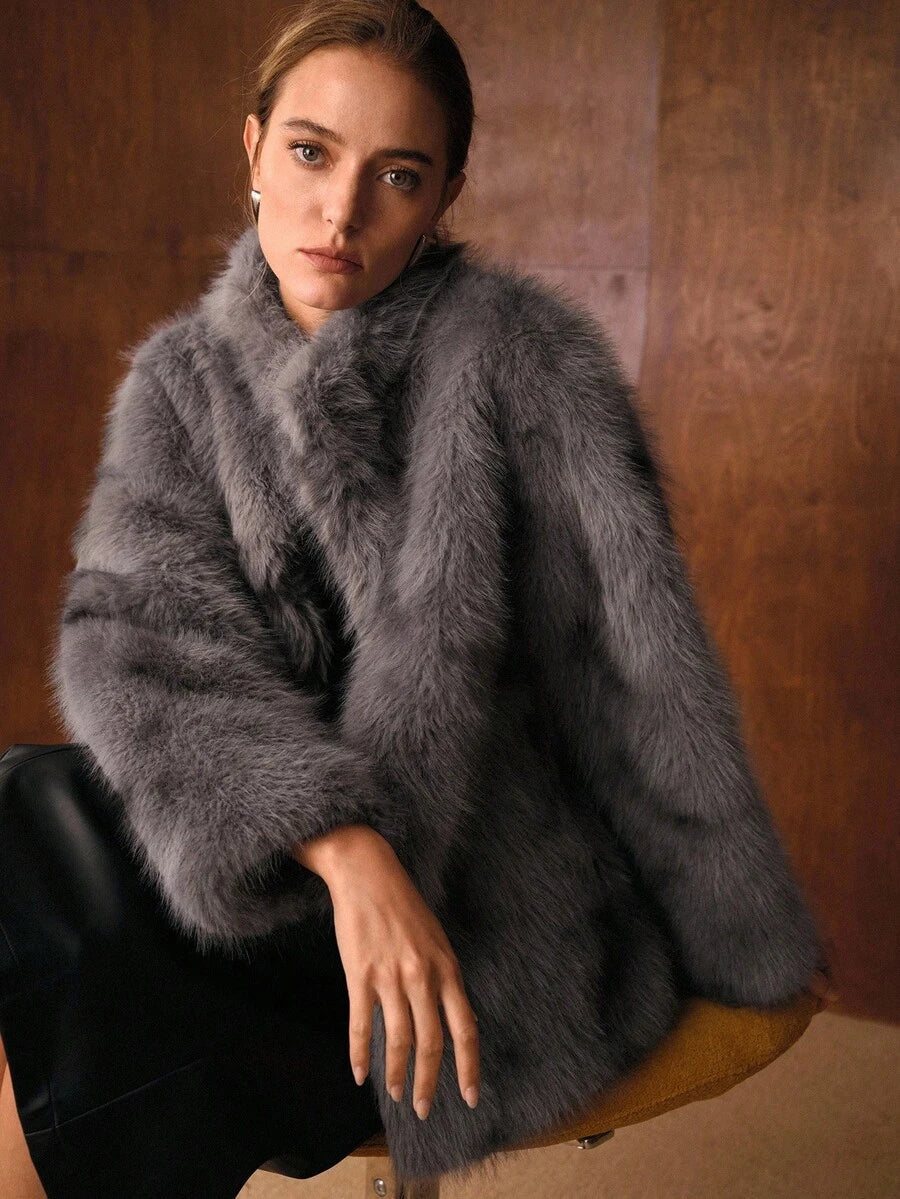Abrigo de piel sintética para mujer – Edición gris elegante 
