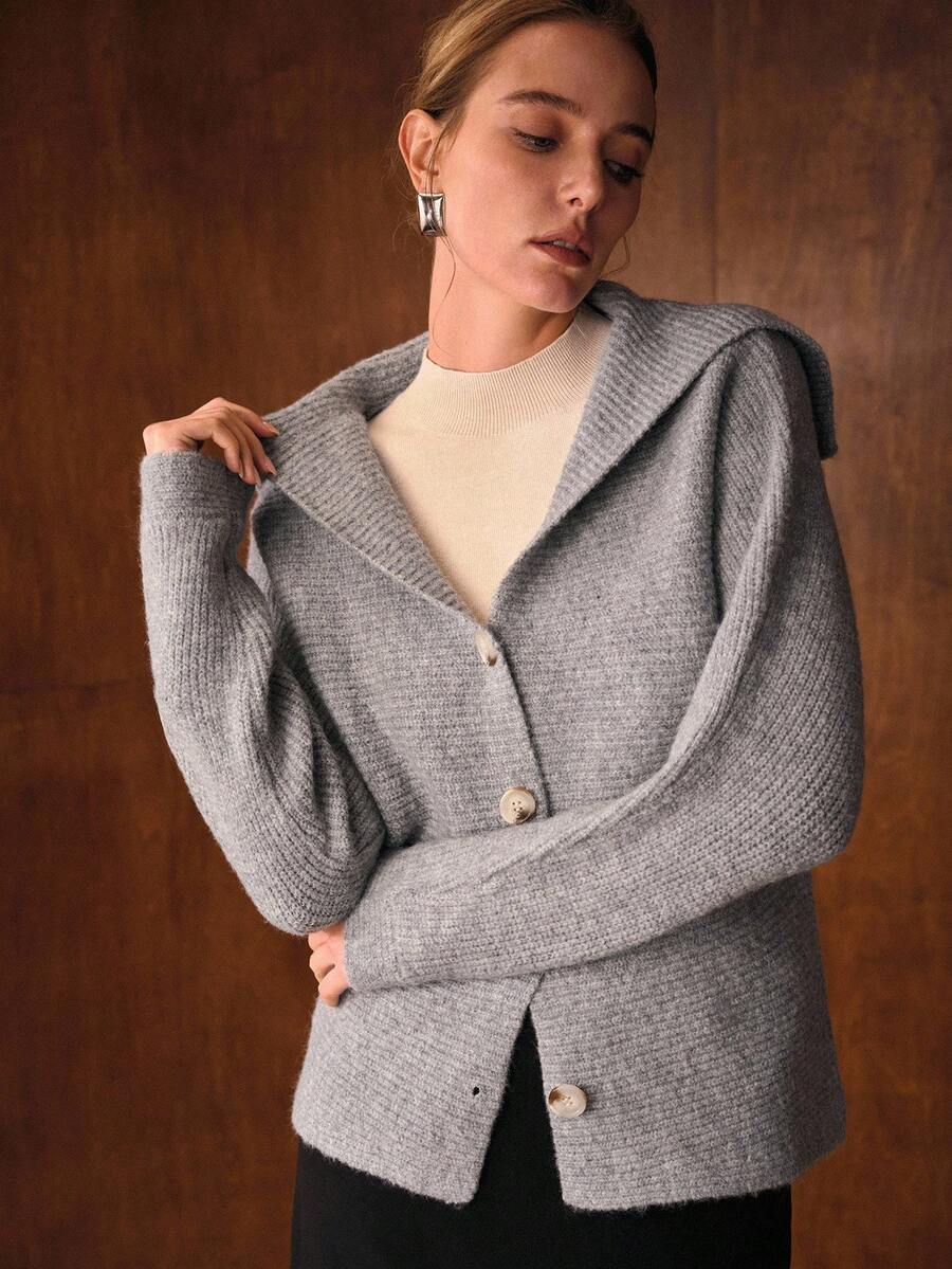 Cárdigan premium de cuello largo con botones – Edición gris de punto suave 