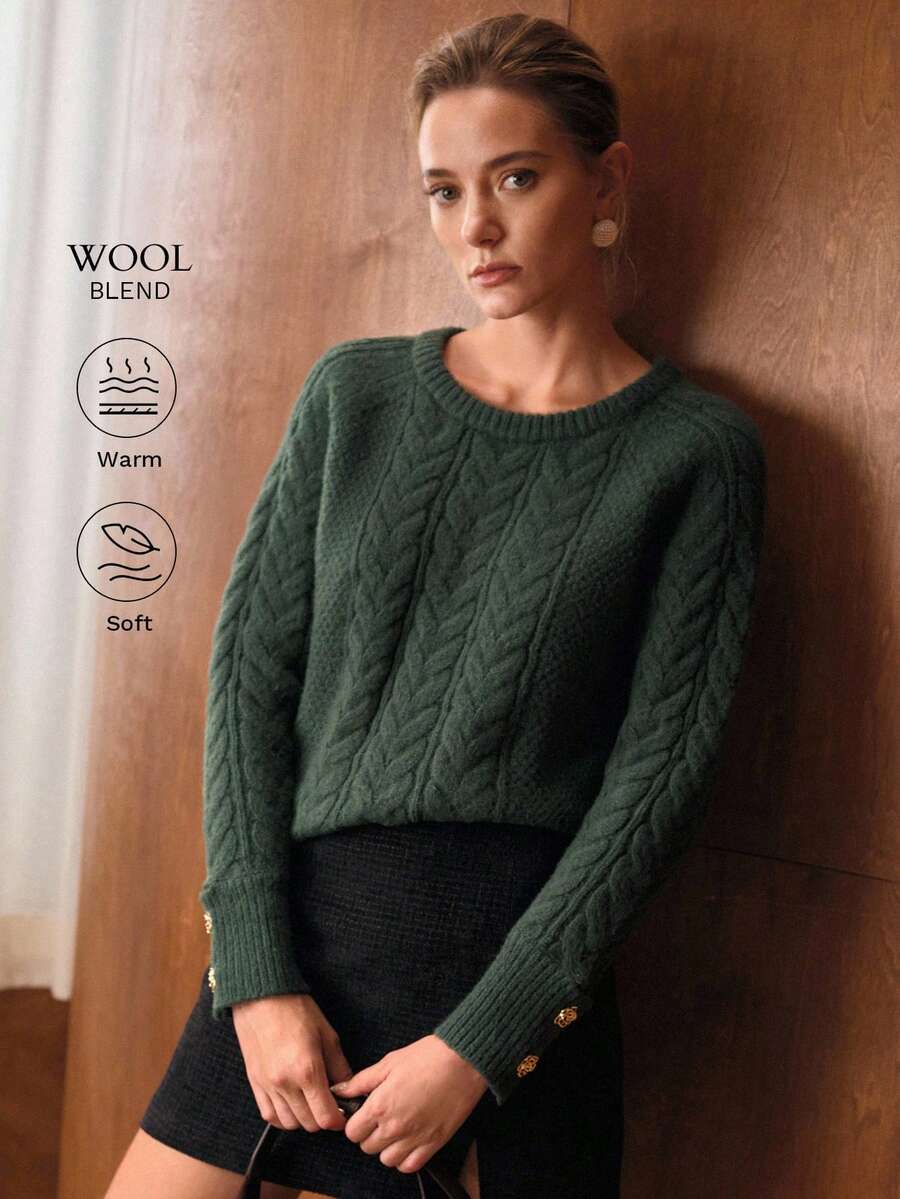 Suéter premium de punto trenzado con botones – Edición verde bosque