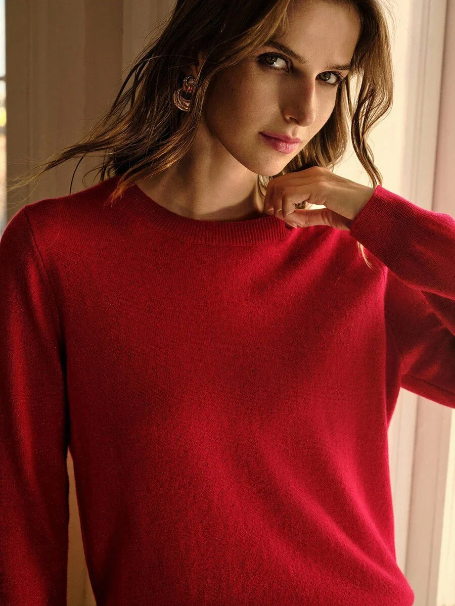 Suéter de cuello redondo de mezcla de lana premium – Edición roja versátil 