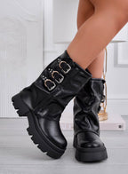 ASHLEY - Botines negros con puño doblado y hebillas 