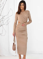 Vestido largo elástico beige con pedrería