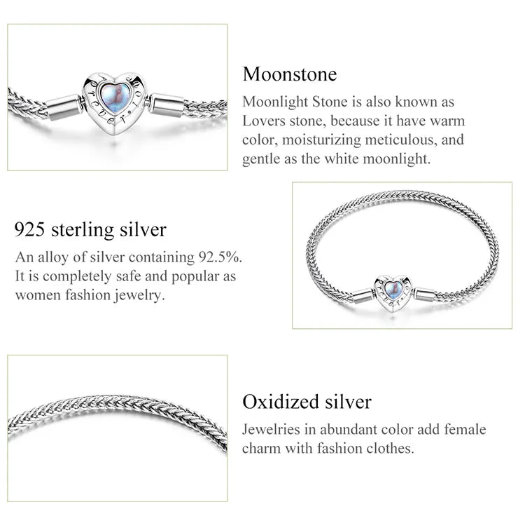 Pulseras básicas de cadena con corazón y piedra lunar en plata de ley 925