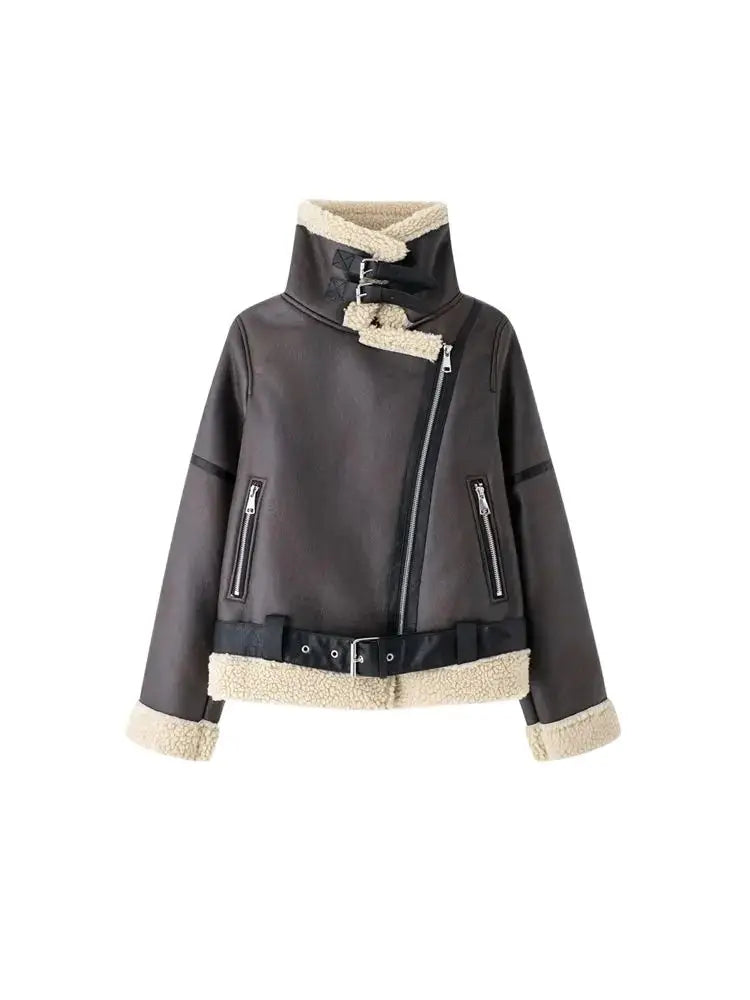 Chaqueta de ante gruesa y cálida para mujer con cinturón