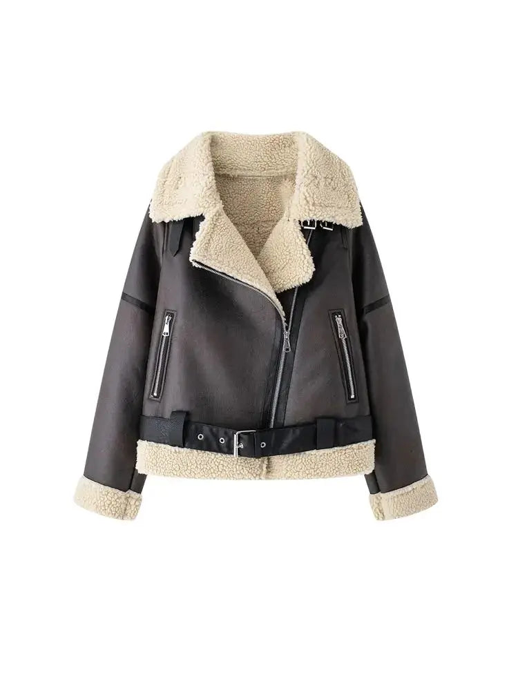 Chaqueta de ante gruesa y cálida para mujer con cinturón