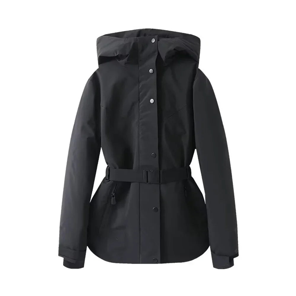 Chaqueta elegante con capucha y cintura ceñida para mujer