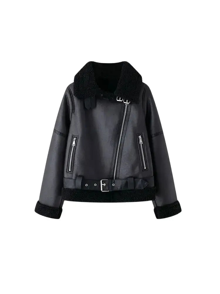 Chaqueta de ante gruesa y cálida para mujer con cinturón