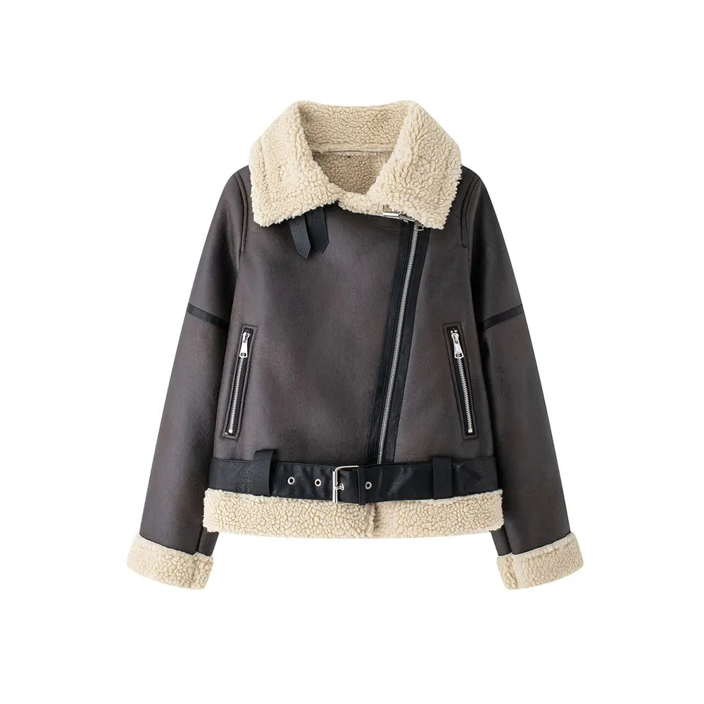 Chaqueta de ante gruesa y cálida para mujer con cinturón