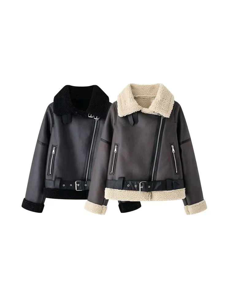 Chaqueta de ante gruesa y cálida para mujer con cinturón