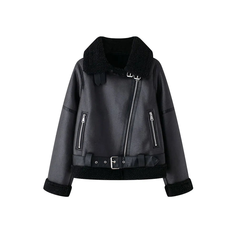 Chaqueta de ante gruesa y cálida para mujer con cinturón