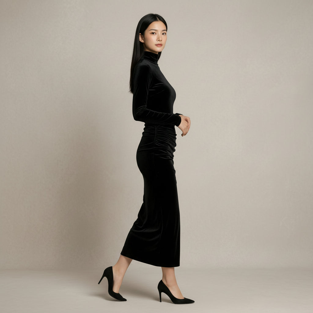 VESTIDO CON CUELLO ALTO DE TERCIOPELO