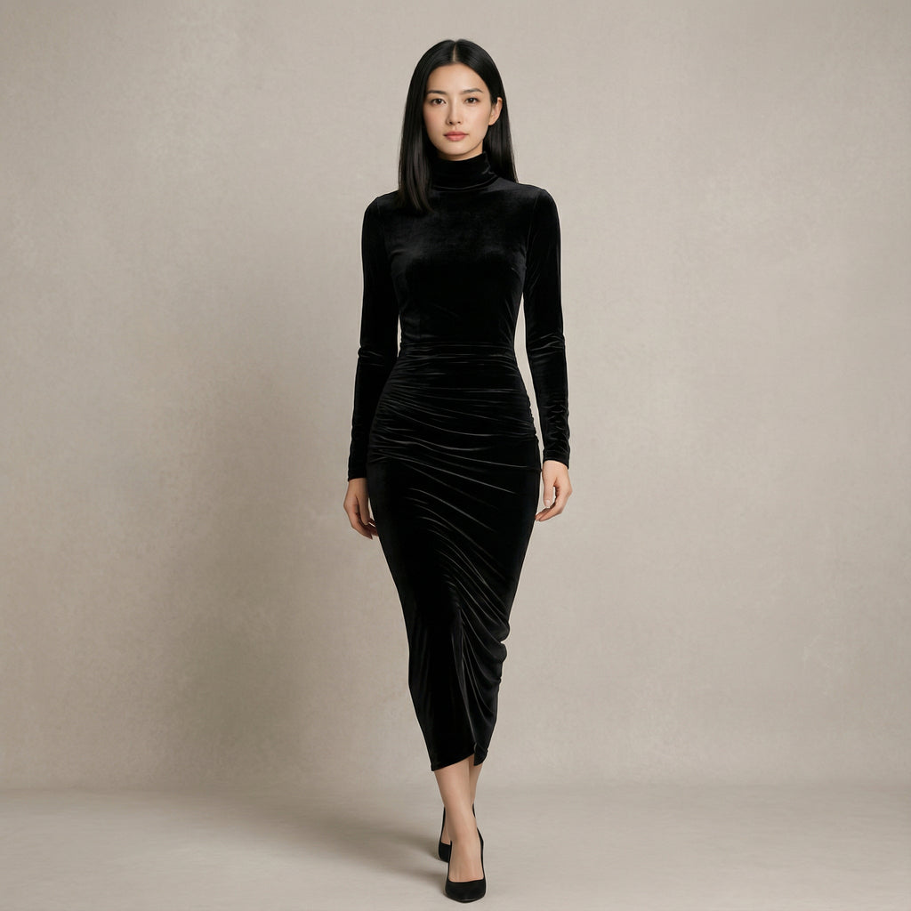 VESTIDO CON CUELLO ALTO DE TERCIOPELO