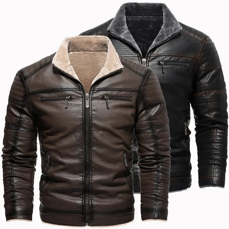 Retro leather jacket with fleece lining