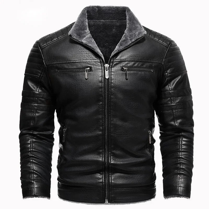 Retro leather jacket with fleece lining