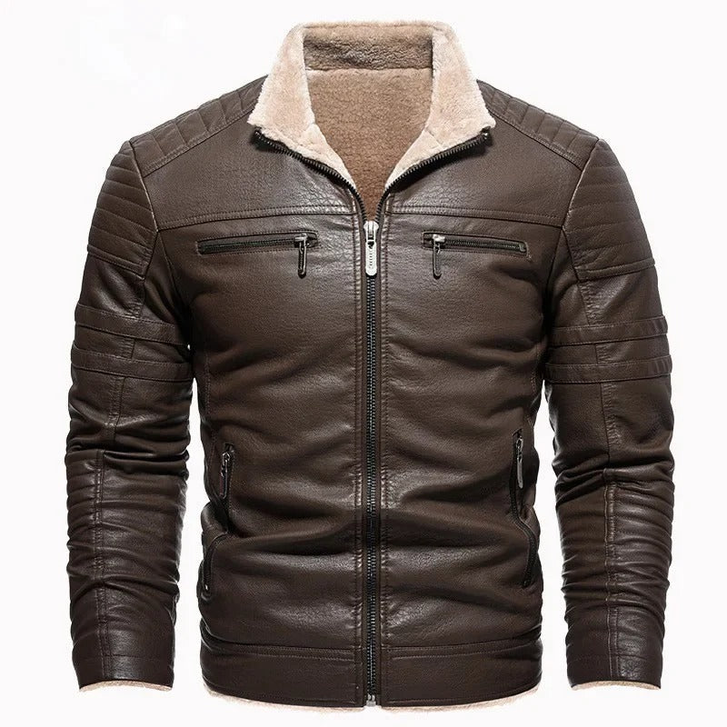 Retro leather jacket with fleece lining