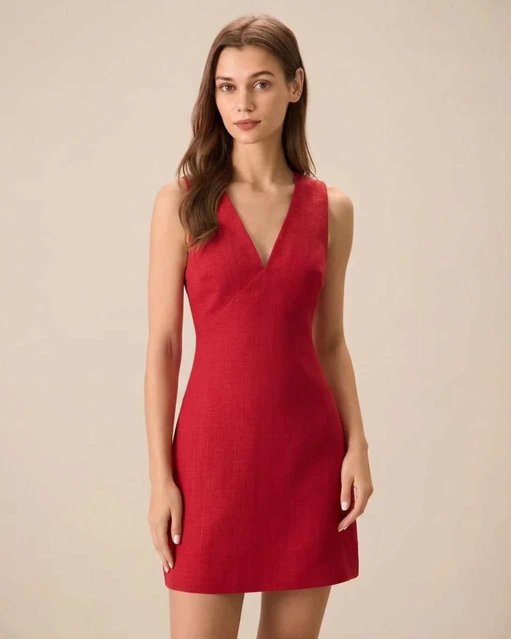 RODE MINI JURK V-HALS MOUWLOOS