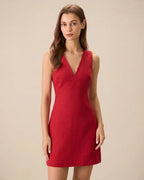 RODE MINI JURK V-HALS MOUWLOOS